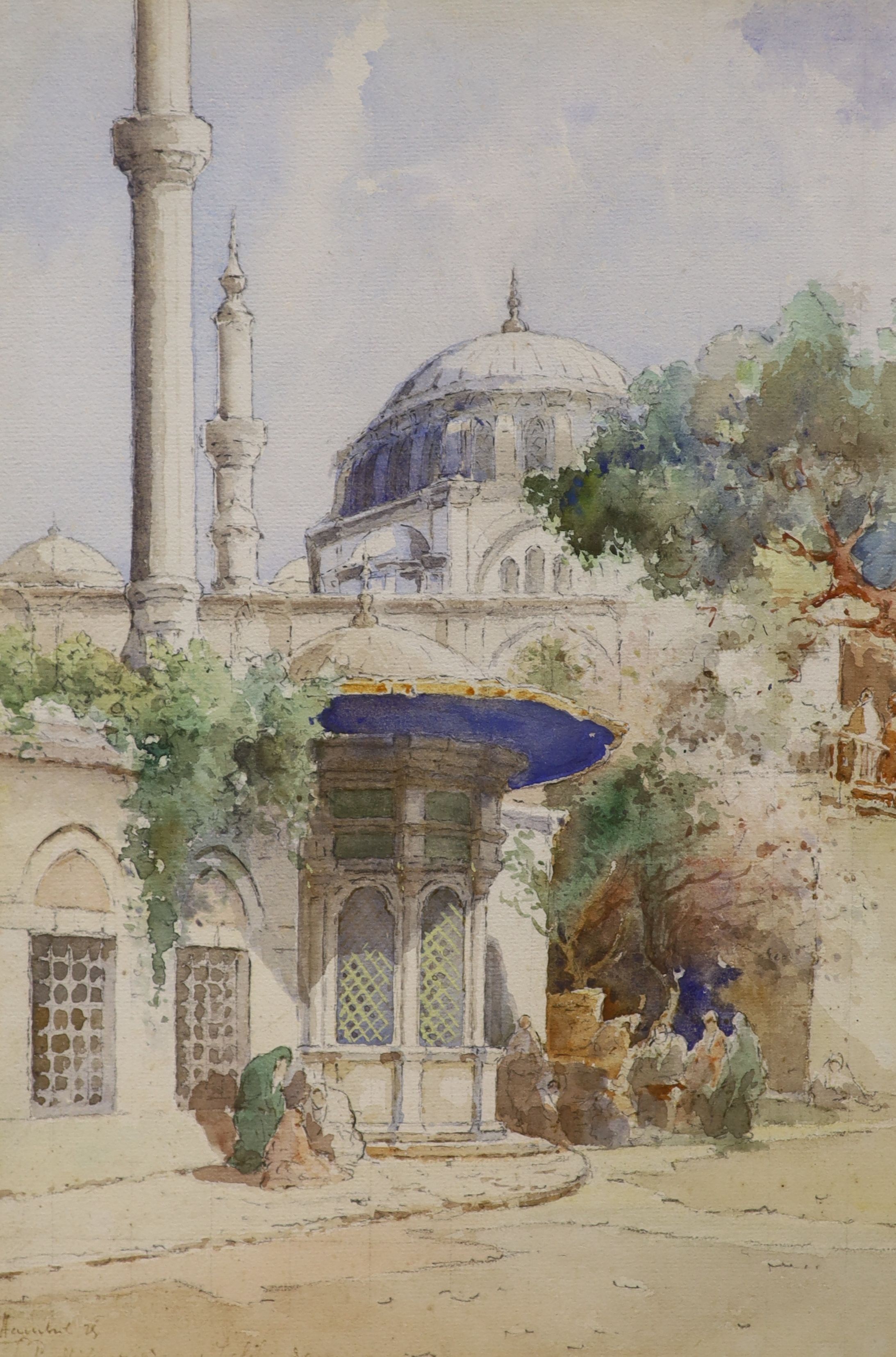 Josef Paulikevitch, watercolour, View of a mosque, signed and inscribed, 44 x 29cm